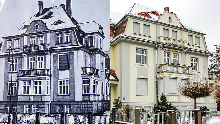 Die Stadtvilla in der Kurhausstraße 43 steht unter Denkmalschutz. Das Archivfoto links zeigt sie im Winter 1940, rechts wie sie heute aussieht.       -  Die Stadtvilla in der Kurhausstraße 43 steht unter Denkmalschutz. Das Archivfoto links zeigt sie im Winter 1940, rechts wie sie heute aussieht.