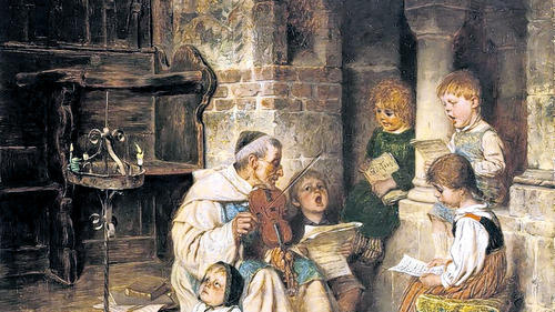 Pausbackige Einfalt: Hermann Kaulbach, Musizierender Mönch mit singenden Kindern, 1895/1900.