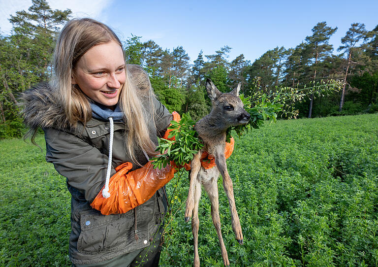 Aileen Brunner hat ein Rehkitz in der Hand.