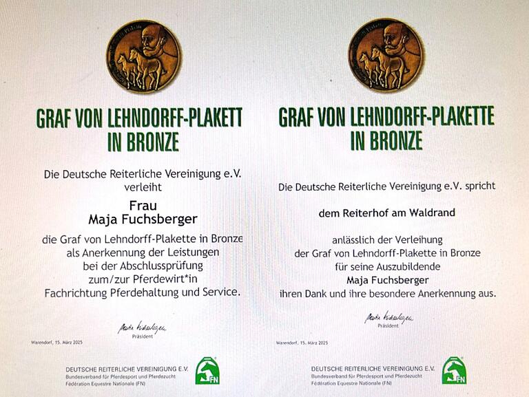 Ehrenurkunde nebst Bronzemedaille für Maja und ihren Betrieb: Reiterhof am Waldrand