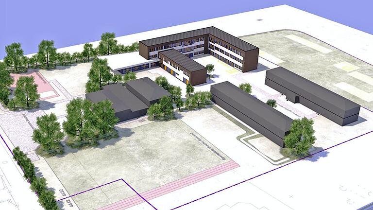 Dieses 3D-Modell zeigt die geplante Erweiterung der Friedrich-Fleischmann-Grundschule in Marktheidenfeld. An den dreigeschossigen Winkelbau oben schließt sich links die Mensa an. Rechts im Bild die Fläche zur Ludwigstraße hin, auf der heute unter anderem noch die Pavillons stehen (alte Stadtbücherei), die dann für neue Verwendungen frei wird.