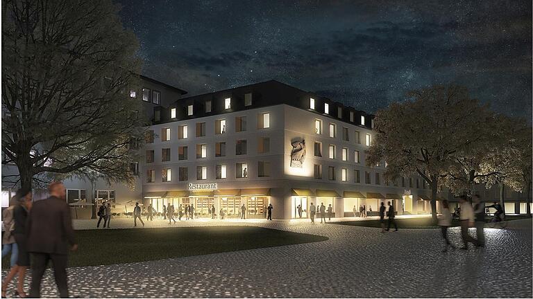 So soll das künftige Hotel am Paradeplatz bei Nacht aussehen: Der Siegerentwurf des Fassadenwettbewerbs kommt vom Büro Geisel Architekten aus Würzburg. Erkennbar sind die großen Fensterfronten im Erdgeschoss zum Paradeplatz hin. So soll das künftige Hotel am Paradeplatz bei Nacht aussehen: Der Siegerentwurf des Fassadenwettbewerbs kommt vom Büro Geisel Architekten aus Würzburg. Erkennbar sind die großen Fensterfronten im Erdgeschoss zum Paradeplatz hin. 