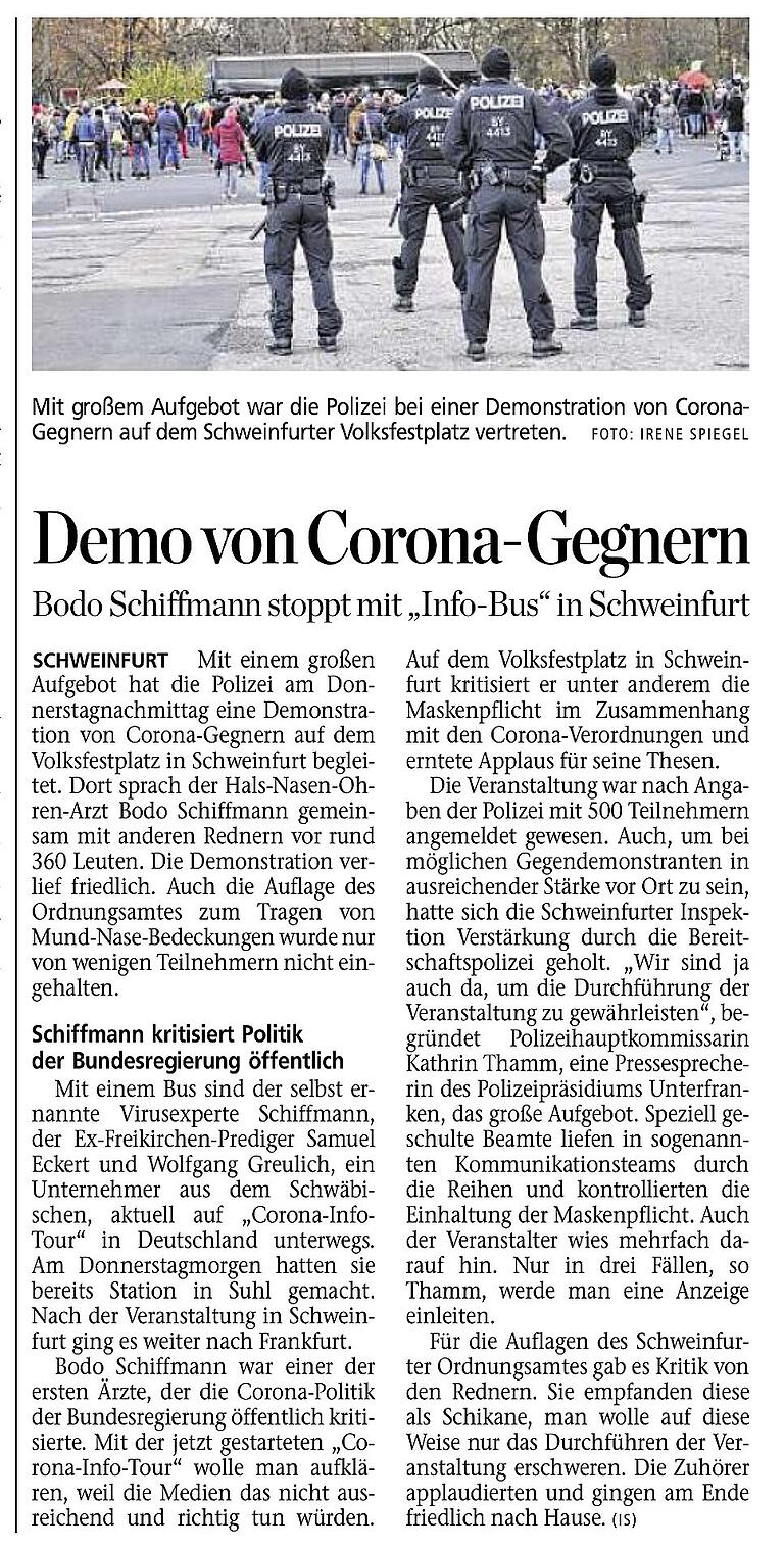 Von 'Corona-Gegnern' kann bei der Demonstration kaum die Rede sein. Bericht aus SW, Main-Post vom 20.11.20.&nbsp;