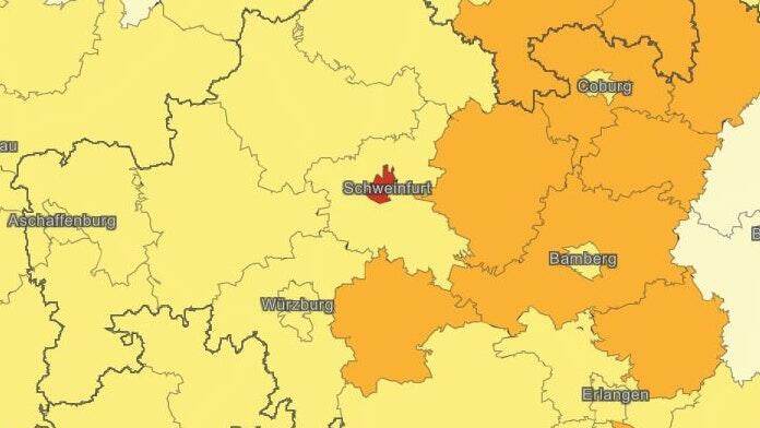 Ein Screenshot der Deutschlandkarte des RKI am 14. Juni 2021 bezogen auf die Corona-Inzidenzwerte mit Fokus auf Stadt und Landkreis Schweinfurt.&nbsp;Je heller, desto niedriger ist die Inzidenz.