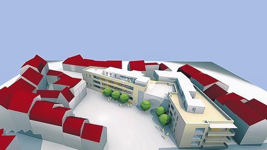 Modell &bdquo;Stadthaus statt Haus&ldquo; im Fischerrain: Hier wie im Foto oben aus Blickrichtung Brennöfen zur Innenstadt hin. Das &bdquo;Art Castello&ldquo; in der Mitte wird vom Baukörper mit 19 Wohnungen sowie zwei Penthouses &bdquo;umschlungen&ldquo;.