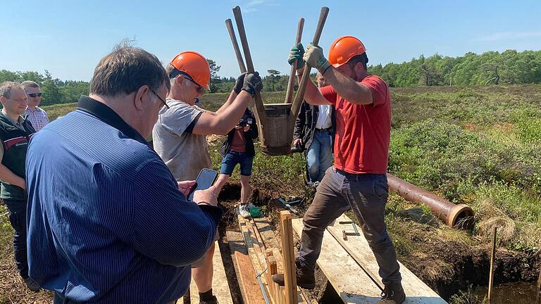 In mühevoller Handarbeit rammen Ehrenamtliche des Bergwaldprojektes Spundbretter in den Boden des Roten Moores. Der Kasseler Regierungspräsident Mark Weinmeister zeigte sich nicht nur beeindruckt von dem Engagement der Helfer, sondern hielt es auch gleich fotografisch fest.