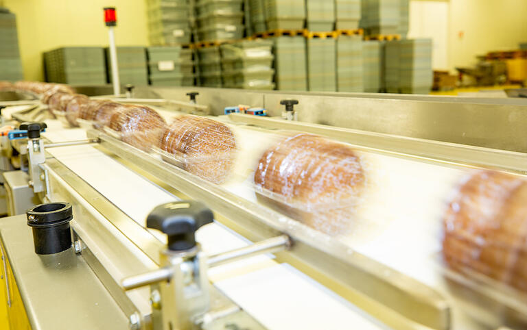 Nachschub im Sekundentakt: Über ein Förderband kommen die frischen Lebkuchen zur Verpackungsanlage.