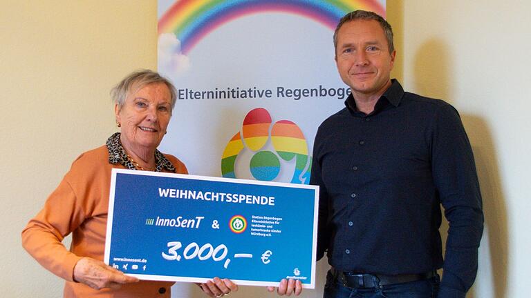 InnoSenT spendet 3000 Euro an Station Regenbogen zur Unterstützung leukämie- und tumorkranker Kinder. Rechts im Bild Geschäftsführer Robert Mock, links Vorständin Monika Demmich.