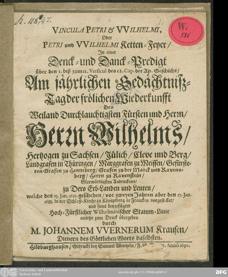 Das Titelblatt von Johann Werneri Krausens gedruckter Predigt, Petri und Wilhelmi Ketten-Feyer genannt, […] aus dem Jahr 1690.
