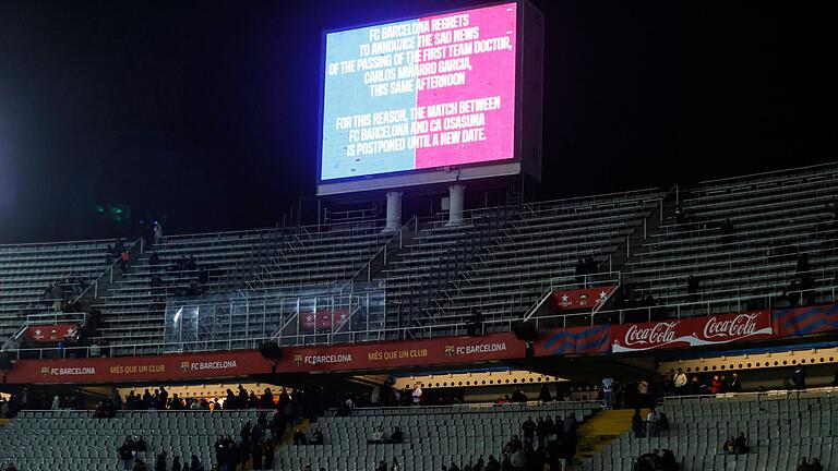FC Barcelona - CA Osasuna - Spiel abgesagt: Wegen des Todes des Teamarztes tritt der FC Barcelona nicht gegen Osasuna an. FC Barcelona - CA Osasuna - Spiel abgesagt: Wegen des Todes des Teamarztes tritt der FC Barcelona nicht gegen Osasuna an.