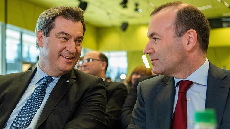 Wollen für ein starkes Bayern in einem starken Europa kämpfen: CSU-Chef Markus Söder (links) und der Spitzenkandidat der europäischen Konservativen (EVP), Manfred Weber (CSU).