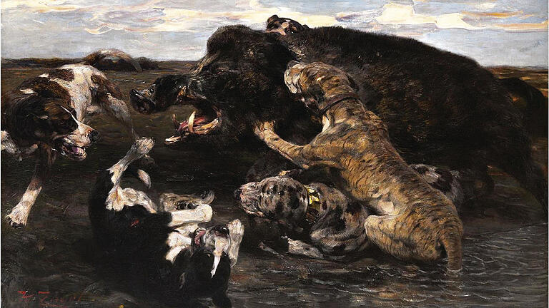 Ein Motiv mit für Zügel eher ungewöhnlicher Dramatik: Die Sauhatz, 1907, Stadt Wörth am Rhein.