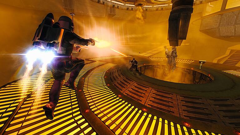 Screenshot vom Spiel „Star Wars: Bounty Hunter” - Fliegend unterwegs: Jangos Jetpack ist ein treuer Begleiter. Screenshot vom Spiel „Star Wars: Bounty Hunter” - Fliegend unterwegs: Jangos Jetpack ist ein treuer Begleiter.