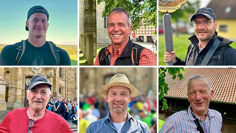 Sechs Männer, die von der Wallfahrt nach Vierzehnheiligen begeistert sind (von oben links nach unten rechts): Cedric Anton, Eberhard Reiter, Michael Gessner, Gerhard Karl, Pfarrer Tobias Fuchs und Kilian Weigand.