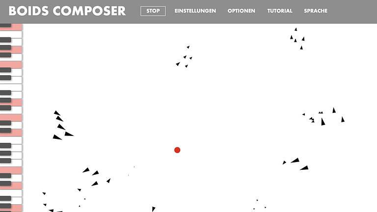 Eine Gruppe von 'Boids' (das könnte z.B. ein Vogelschwarm sein) bewegt sich im Schwarmverhalten um den roten Punkt. Im Verhalten zueinander entsteht dadurch Musik.