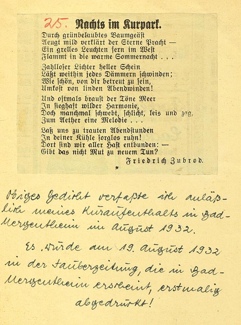 Gedicht 'Nachts im Kurpark' über den Bad Mergentheimer Kurpark, 1932 anlässlich eines Kuraufenthalts dort verfasst. Gedicht 'Nachts im Kurpark' über den Bad Mergentheimer Kurpark, 1932 anlässlich eines Kuraufenthalts dort verfasst. 