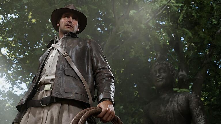 Screenshot vom Spiel &bdquo;Indiana Jones und der Große Kreis&rdquo;       -  Indiana Jones reist in &bdquo;der Große Kreis&rdquo; unter anderem in den Vatikan, nach Ägypten und Thailand – und ist dort einem der &bdquo;größten Geheimnisse aller Zeiten&rdquo; auf der Spur.