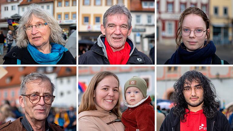 Sie sprechen über ihre Motivation, an der Demonstration teilzunehmen (von links) Jutta Krämer, Bernd Knahn,&nbsp;Charlotte Zado,&nbsp;Udo Maly,&nbsp;Eva Weigand,&nbsp;Hoshiyar Xano.