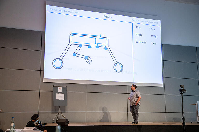 Martin Maiß aus Schwebheim stellte beim Zweiten Schweinfurter Zukunftsforum die Idee eines Roboters vor, der in der Landwirtschaft zum Einsatz kommen könnte. Damit könnten Landwirte weitestgehend auf Pflanzenschutzmittel verzichten. Martin Maiß aus Schwebheim stellte beim Zweiten Schweinfurter Zukunftsforum die Idee eines Roboters vor, der in der Landwirtschaft zum Einsatz kommen könnte. Damit könnten Landwirte weitestgehend auf Pflanzenschutzmittel verzichten.