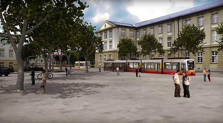 Ein weiterer Screenshot aus dem Animationsfilm. Hier passiert die neue Linie 6 die Gebäude am Wittelsbacher Platz.