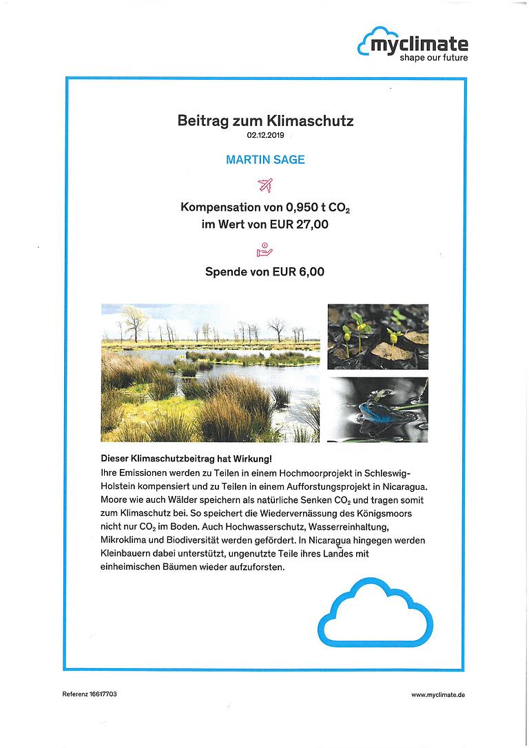 Beweisstück Nummer Eins: Ich habe meine bevorstehende Flugreise nach Kanada kompensiert. Dafür hat mir Myclimate dieses Zertfikat für den Hinflug ausgestellt.