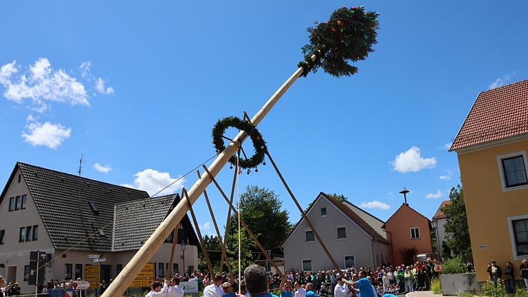 Mit reiner Muskelkraft wird der rund 20 Meter lange Plua-Baum aufgestellt.       -  Mit reiner Muskelkraft wird der rund 20 Meter lange Pluabaum aufgestellt.