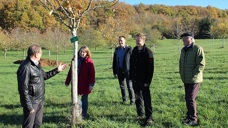 Die Gemeinde Stadtlauringen unterstützt die Bürger bei Natur-und Umweltschutzprojekten. Eine Idee wäre zum Beispiel, Streuobstwiesen anzulegen, wie hier in Altenmünster das 2001 gestartete&nbsp; Projekt des Obst-und Gartenbauvereins. Im Bild (von links) Bürgermeister Friedel Heckenlauer, Monika Böhm- Weniger (Jury), Michael Jäger (Jury), Koordinator Geschäftsleiter René Schäd und Jurymitglied und ehemaliger Verwaltungsleiter Walter Düring.