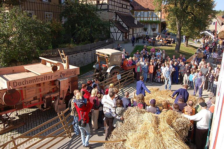 Die Dreschflegel sind neben der Dreschmaschine im Einsatz beim Herbst- und Kelterfest. Die Dreschflegel sind neben der Dreschmaschine im Einsatz beim Herbst- und Kelterfest.