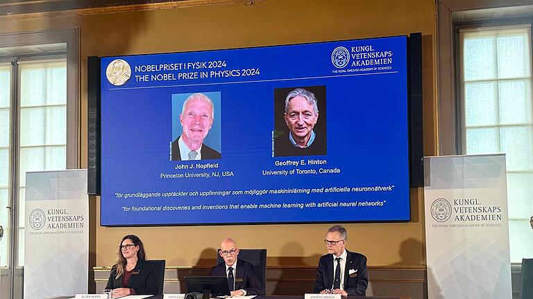 Bekanntgabe Nobelpreis 2024 – Physik - John Hopfield und Geoffrey Hinton sind wichtige Wegbereiter Künstlicher Intelligenz. Bekanntgabe Nobelpreis 2024 – Physik - John Hopfield und Geoffrey Hinton sind wichtige Wegbereiter Künstlicher Intelligenz.
