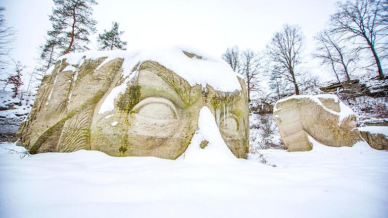 Diese Überreste von 'Präsident Snow' aus 'Tribute von Panem' befinden sich ausgerechnet im Kellerbruch bei Breitbrunn. Genauso zerbrochen wie das steinerne Gesicht des Diktators ist der Plan, im Kellerbruch ein Sandsteinmuseum zu errichten.&nbsp;