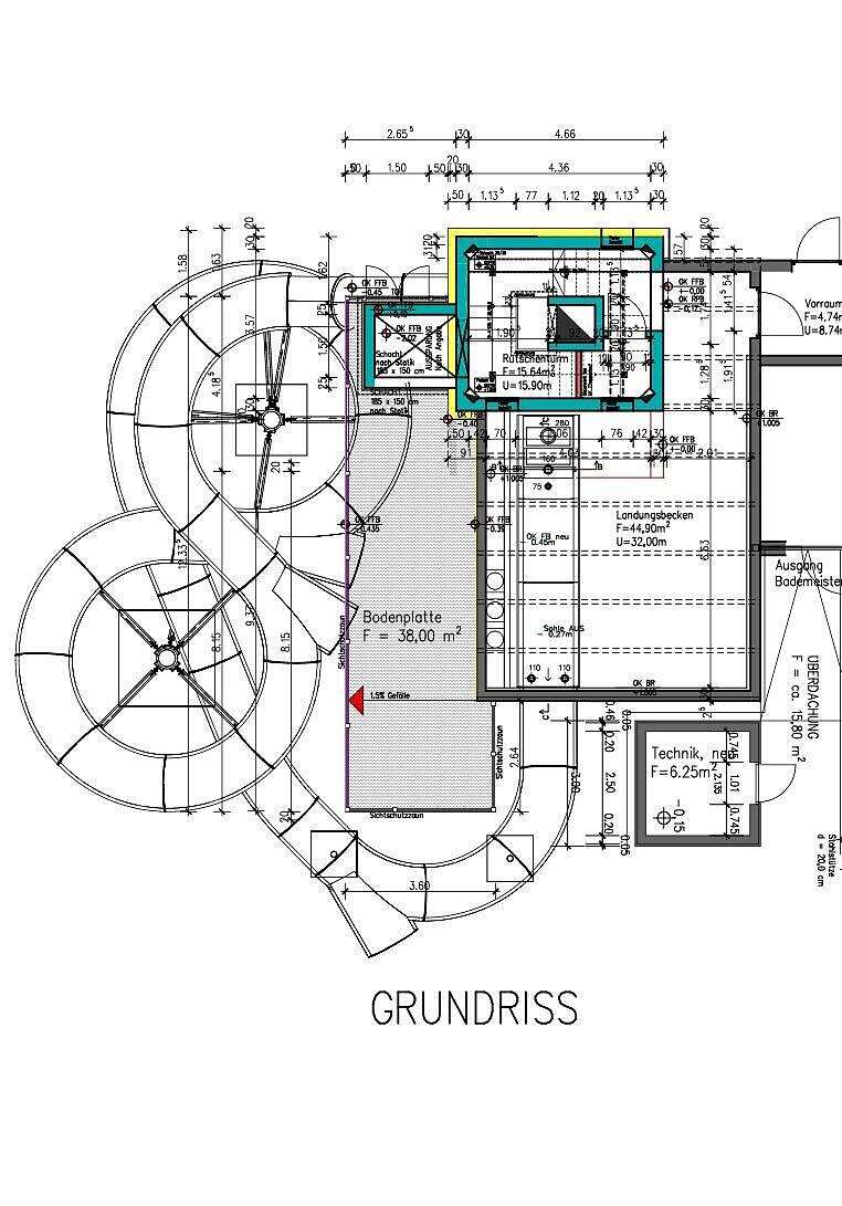 Grundriss der neuen Rutschen-Anlage. Grün markiert der neue Rutschenturm, davor das neue Landungsbecken. Links zu erkennen die Streckenführung der rund 60 Meter langen Röhre.