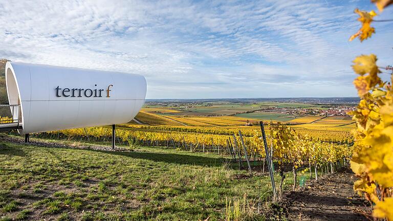 Der Terroir-f-Standpunkt in Rödelsee sieht aus wie ein riesiges Fernrohr. Die Terroir-f-Aussichtsorte stehen im Weinland Franken an besonders attraktiv gelegenen Weinlagen.