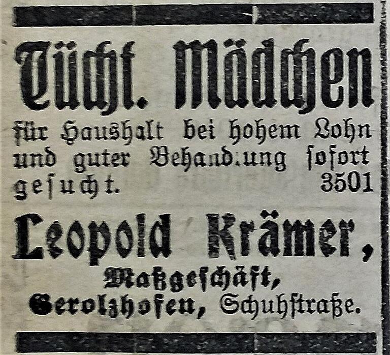 Ein Stelleninserat des Schneiders Leopold Krämer aus dem Jahr 1920. Ein Stelleninserat des Schneiders Leopold Krämer aus dem Jahr 1920.
