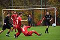 FC Fuchsstadt: Derby-Pleite gegen die DJK Schwebenried       -  In dieser Szene den Ball, dann die Punkte im Derby  verloren hat der FC Fuchsstadt um Markus Mjalov (vorne) und Michael Emmer (Nr. 4).