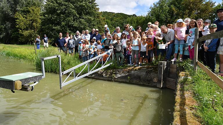Fischereifachberater Wolfgang Silkenat erläutert den kleinen Gästen der Fischerzunft Randersacker, warum im Teichbetrieb in Maidbronn auch selten gewordene Mainfische gezüchtet werden. Foto: Gerhard Meißner Fischereifachberater Wolfgang Silkenat erläutert den kleinen Gästen der Fischerzunft Randersacker, warum im Teichbetrieb in Maidbronn auch selten gewordene Mainfische gezüchtet werden. Foto: Gerhard Meißner