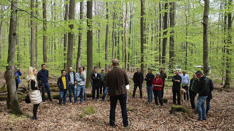 Im Lohrer Stadtwald widmet sich ein Kooperationsprojekt den Themen Biodiversität und Nachhaltigkeit. Michael Neuner, der Leiter der städtischen Forstverwaltung, erklärt den Exkursionsteilnehmern Zusammenhänge im Stadtwald.