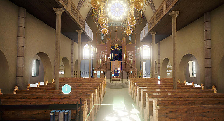 Virtual-Reality-Anwendung der Synagoge 'Altschul', Innenaufnahme des

Hauptschiffes (Jüdisches Museum Franken).