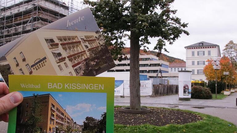 Das Rondell am Kurgarten damals und heute. Dort, wo die Postkarten das Steigenberger zeigen, steht seit dem Abriss ein Bauzaun. Benedikt Borst       -  Das Rondell am Kurgarten damals und heute. Dort, wo die Postkarten das Steigenberger zeigen, steht seit dem Abriss ein Bauzaun. Benedikt Borst