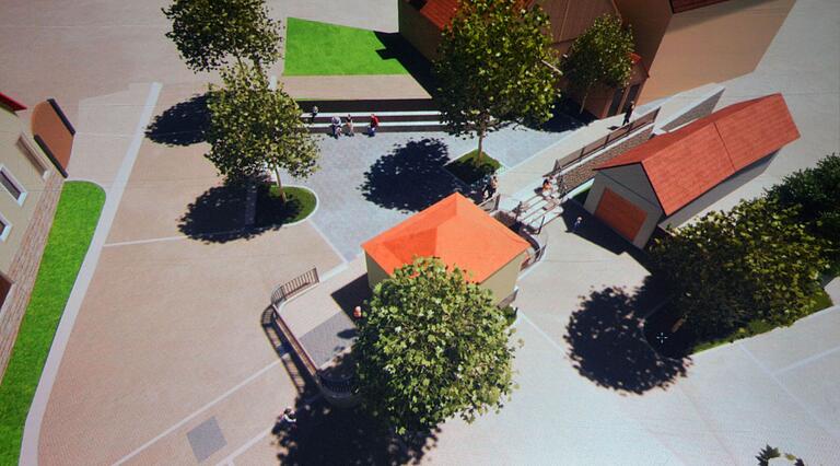 Der visualisierte Plan für den Dorfplatz Laudenbach, erstellt von Planer Frieder Müller-Maatsch und bei der Präsentation in der Eigentümerversammlung abfotografiert. Der visualisierte Plan für den Dorfplatz Laudenbach, erstellt von Planer Frieder Müller-Maatsch und bei der Präsentation in der Eigentümerversammlung abfotografiert.