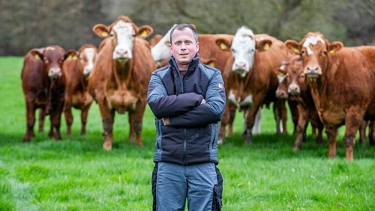 Florian Neuberger mit einigen seiner Tiere: Mit rund 240 Mutterkühen sei er der größte Mutterkuh-Halter in Süddeutschland, sagt der Landwirt aus Bürgstadt im Kreis Miltenberg.