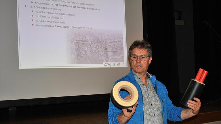 Mathias Klöffel, Geschäftsführer der Agrokraft, erklärte genau, wie das Nahwärmenetz mit Vor- und Rücklauf funktioniert.