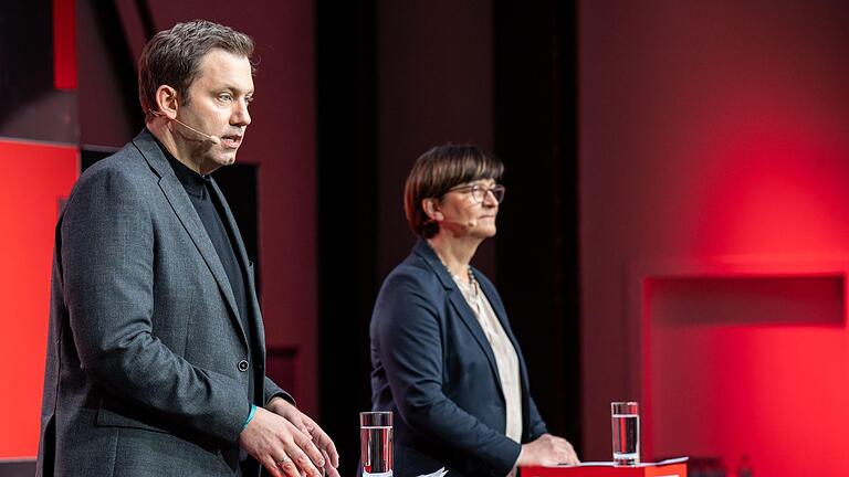 Fordern Brandmauer gegen Rechts: Lars Klingbeil und Saskia Esken.jpeg       -  Die SPD-Vorsitzenden Saskia Esken und Lars Klingbeil lehnen die Vorschläge des Bundesfinanzministers ab.