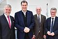 Landrat Wilhelm Schneider und Landtagsabgeordneter Steffen Vogel (links) freuen sich über die guten Nachrichten aus der Bayerischen Staatskanzlei: Ministerpräsident Marcus Söder (2. links) und Wissenschaftsminister Bernd Sibler (rechts) gaben grünes Licht für die Errichtung eines Technologie-Transfer-Zentrums im Landkreis Haßberge.