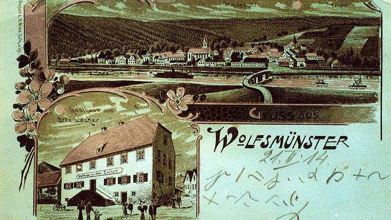 Ansichtskarte von 1914 (Lithografie) Wolfsmünster, mit einem etwas zu groß geratenen Schiff auf der Saale. Ansichtskarte von 1914 (Lithografie) Wolfsmünster, mit einem etwas zu groß geratenen Schiff auf der Saale.