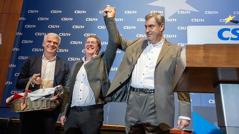 Setzten beim Europa-Empfang in Schweinfurt Segel Richtung Europa: Steffen Vogel, Bezirksvorsitzender der CSU Unterfranken, Kandidat Stefan Köhler und Ministerpräsident Markus Söder.