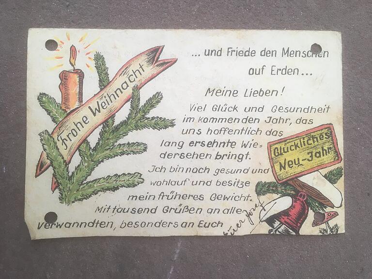 Liebevoll hat Josef Kuhn damals im Lager die spärliche Nachricht mit Weihnachtsmotiven verziert. Liebevoll hat Josef Kuhn damals im Lager die spärliche Nachricht mit Weihnachtsmotiven verziert.