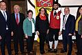 Beim Neujahrsempfang der Marktgemeinde Oberschwarzach: (von links) Landrat Florian Töpper, Kirchenpfleger Klaus Helmich, Irmgard Engert (Handthaler Volkssänger), Annette Köhler (Singkreis Intakt), Christian Nöth (Leiter der Steigerwaldkapelle),&nbsp;Bürgermeister Manfred Schötz und MdL Barbara Becker.