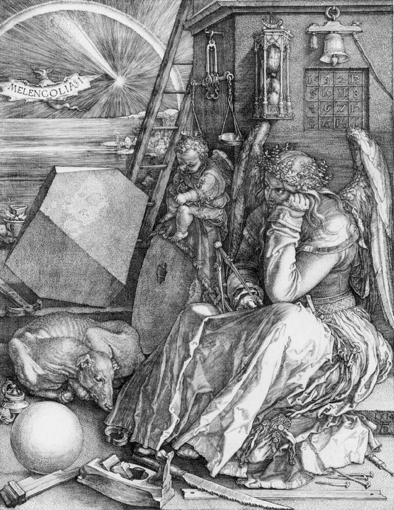 Albrecht Dürers 'Melencolia I', ein Kupferstich von 1514. Das Zahlenrätsel in der oberen rechten Ecke findet sich auch auf der rechten Säule des Ebelsbacher Denkmals wieder.