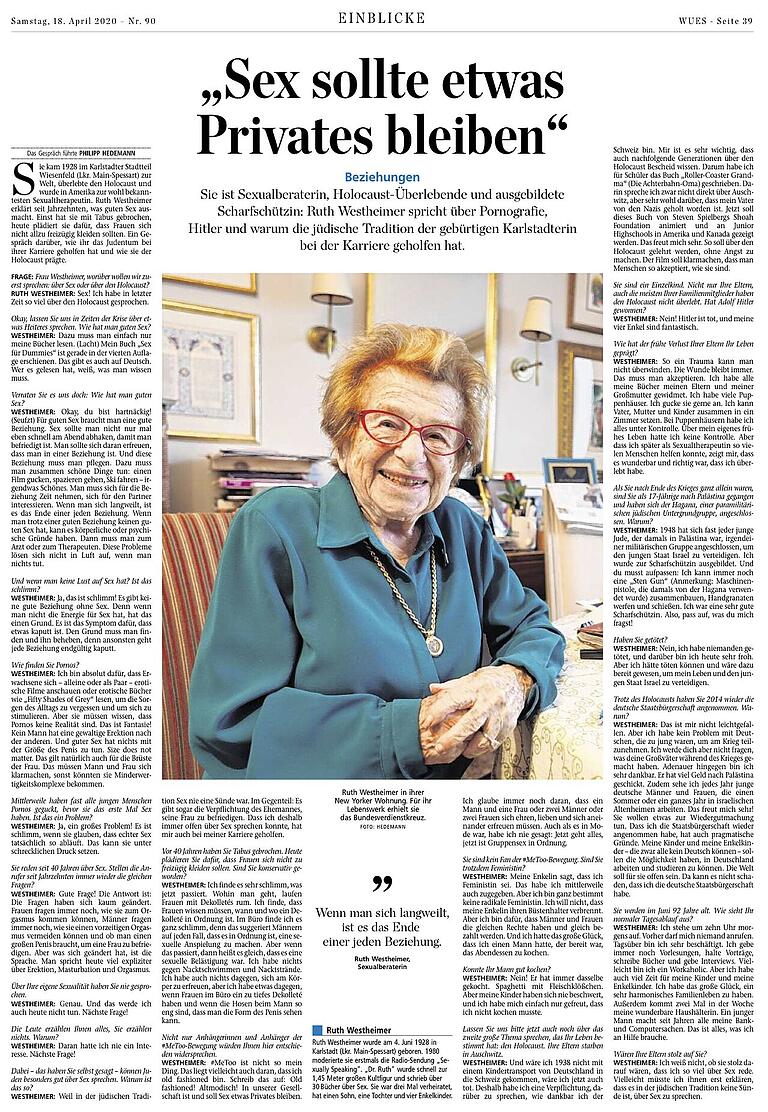 Interview mit Ruth Westheimer aus Zeitung vom 18. April 2020: Sex sollte etwas Privates bleiben.&nbsp;