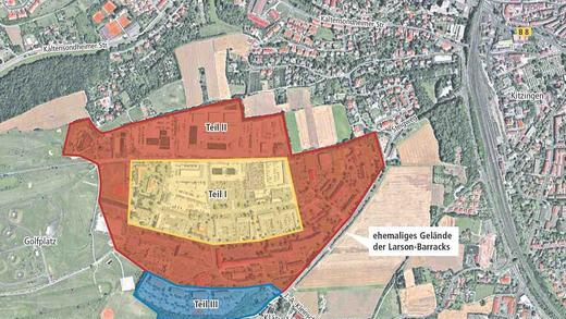 Grobplanung für den Kitzinger Innopark: Im Herzen der einstigen Larson-Barracks werden später einmal Produktionsanlagen stehen (Teil I). Darum herum gruppieren sich vor allem Entwicklungsfirmen und das Gründerzentrum (Teil II). Die kleinste Portion des rund 53 Hektar großen Areals ist Betriebswohnungen in den vier Ex-US-Blocks (Teil III) vorbehalten.